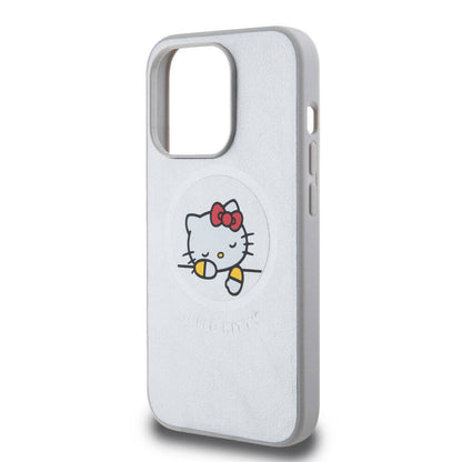 iPhone 15 Pro Max Kılıf Hello Kitty Orjinal Lisanslı M-safe Şarj Özellikli Baskı Logolu Uyuyan Kitty Deri Kapak