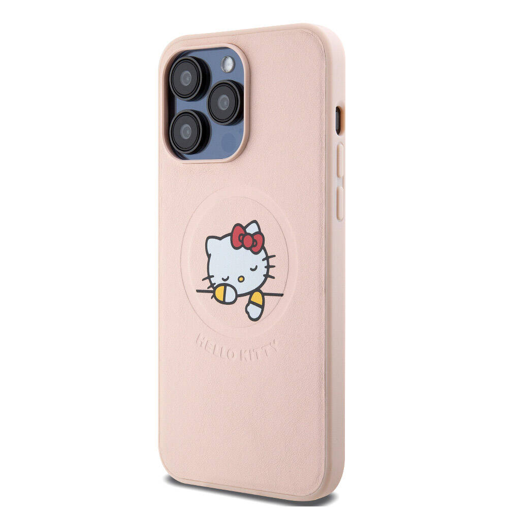 iPhone 15 Pro Max Kılıf Hello Kitty Orjinal Lisanslı M-safe Şarj Özellikli Baskı Logolu Uyuyan Kitty Deri Kapak