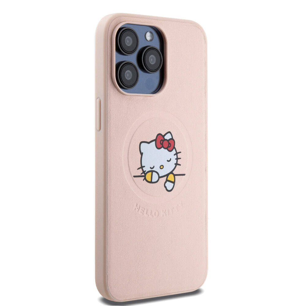 iPhone 15 Pro Max Kılıf Hello Kitty Orjinal Lisanslı M-safe Şarj Özellikli Baskı Logolu Uyuyan Kitty Deri Kapak