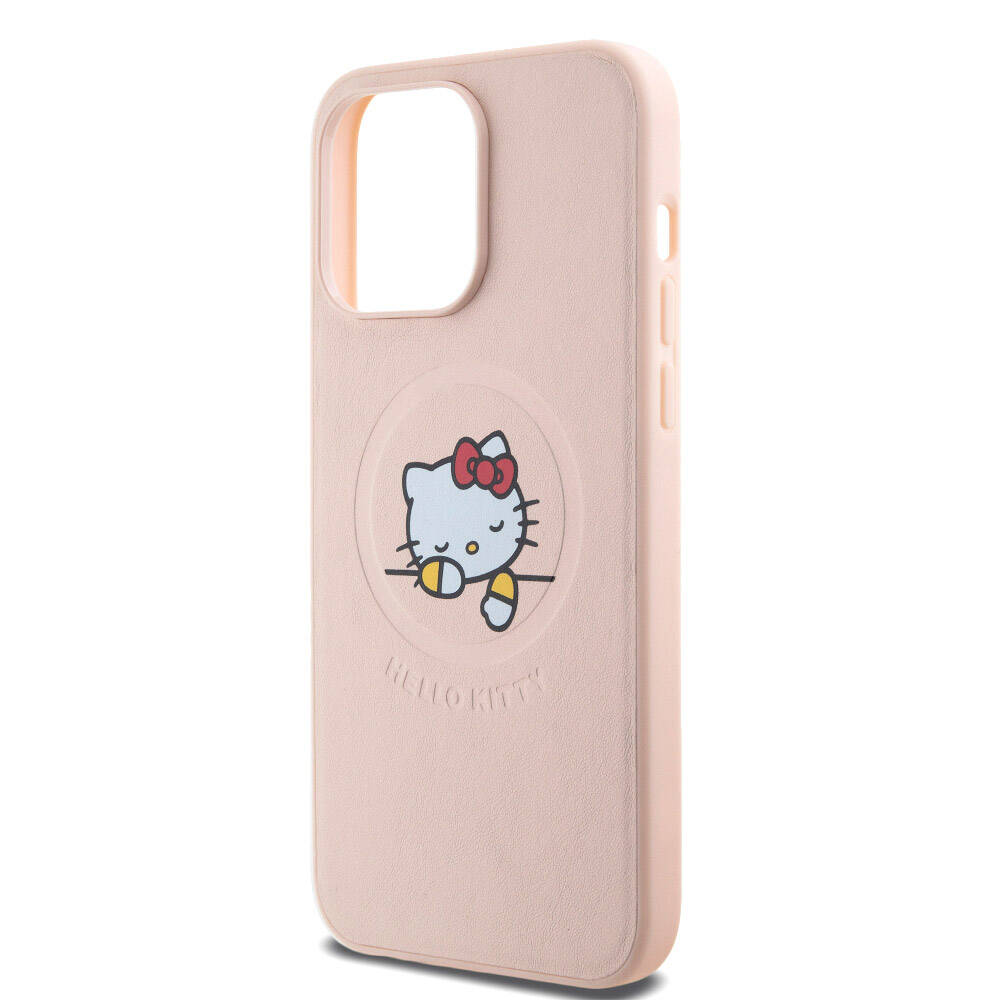 iPhone 15 Pro Max Kılıf Hello Kitty Orjinal Lisanslı M-safe Şarj Özellikli Baskı Logolu Uyuyan Kitty Deri Kapak