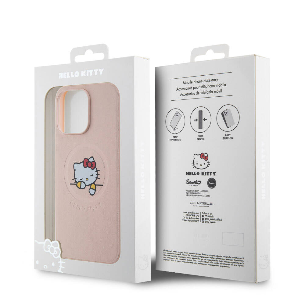 iPhone 15 Pro Max Kılıf Hello Kitty Orjinal Lisanslı M-safe Şarj Özellikli Baskı Logolu Uyuyan Kitty Deri Kapak