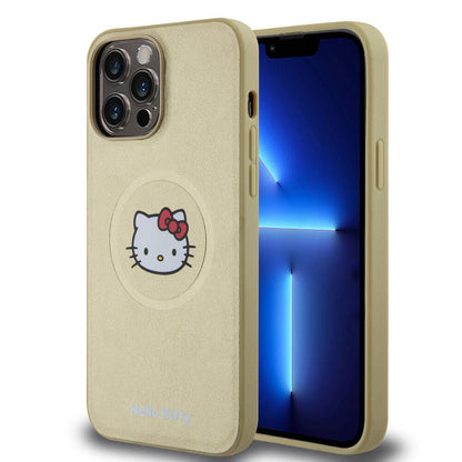 iPhone 15 Pro Max Kılıf Hello Kitty Orjinal Lisanslı M-safe Şarj Özellikli Kitty Head Deri Kapak