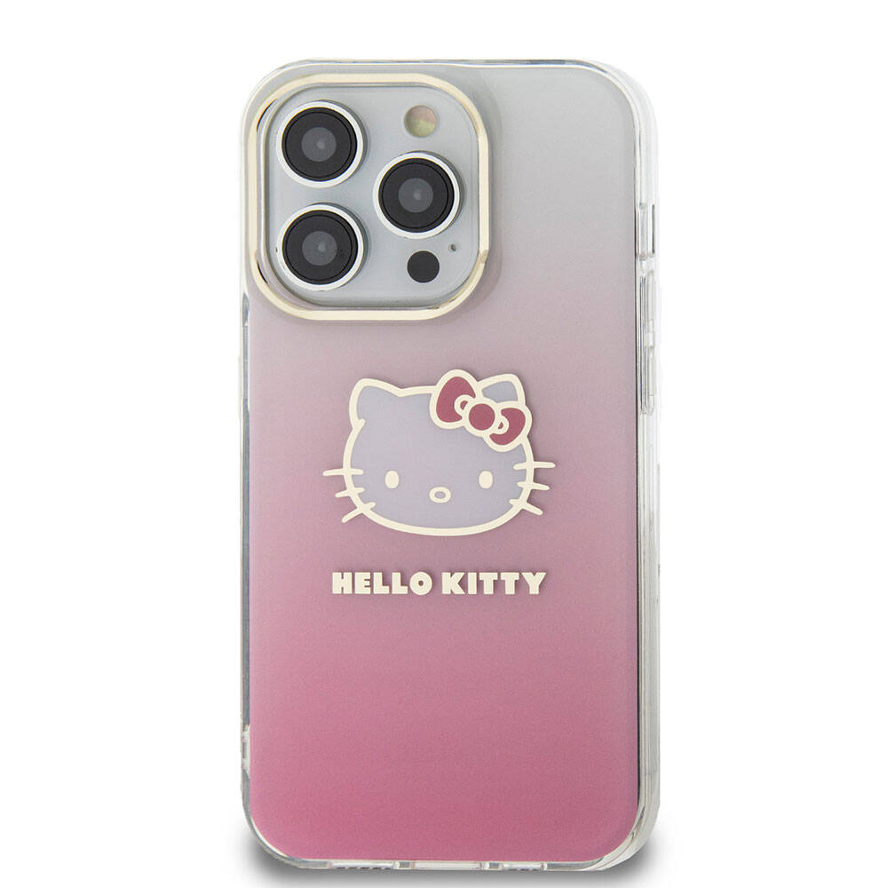 iPhone 15 Pro Max Kılıf Hello Kitty Orjinal Lisanslı Yazı ve İkonik Logolu Elektroplating Kaplama Gradyan Kapak