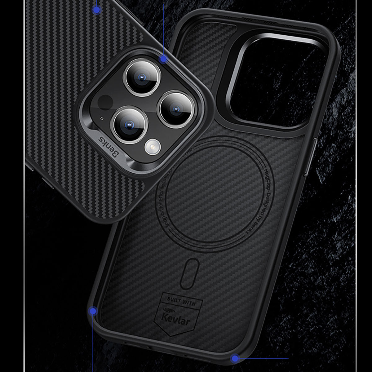 iPhone 15 Pro Max Kılıf Karbon Fiber M-safe Şarj Özellikli Benks Hybrid ArmorPro 600D Kevlar Kapak