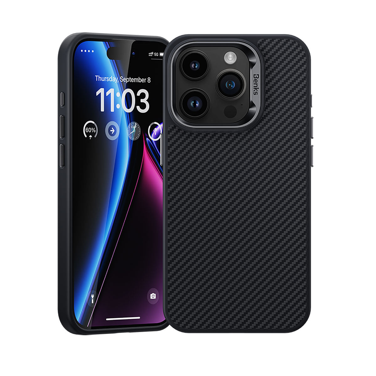 iPhone 15 Pro Max Kılıf Karbon Fiber M-safe Şarj Özellikli Benks Hybrid ArmorPro 600D Kevlar Kapak