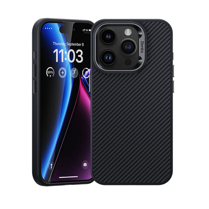iPhone 15 Pro Max Kılıf Karbon Fiber M-safe Şarj Özellikli Benks Hybrid ArmorPro 600D Kevlar Kapak