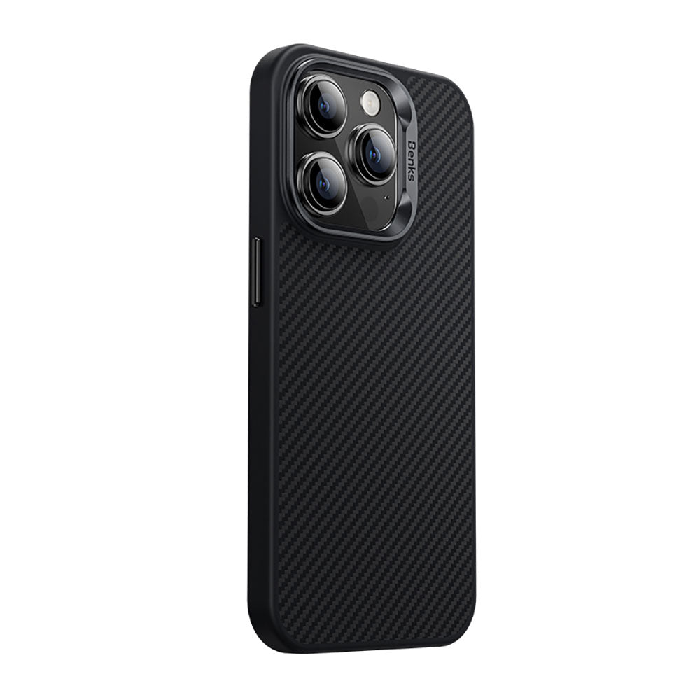 iPhone 15 Pro Max Kılıf Karbon Fiber M-safe Şarj Özellikli Benks Hybrid ArmorPro 600D Kevlar Kapak