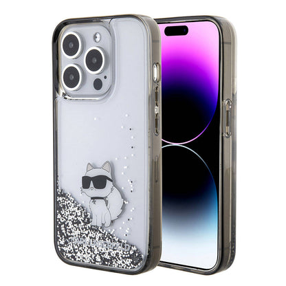 iPhone 15 Pro Max Kılıf Karl Lagerfeld Choupette Sıvılı Glitter Orjinal Lisanslı Kapak