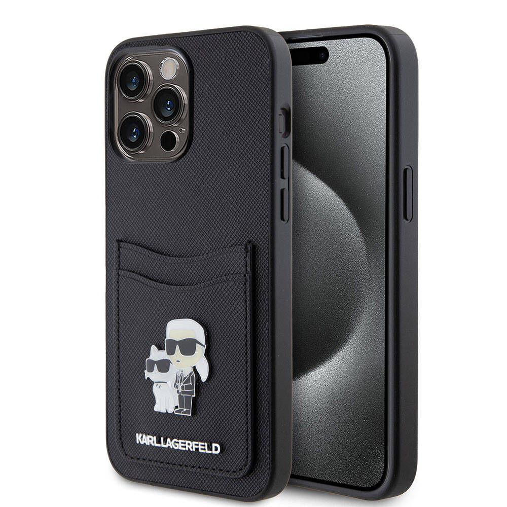 iPhone 15 Pro Max Kılıf Karl Lagerfeld Kartlıklı Metal Logo Orjinal Lisanslı Kapak