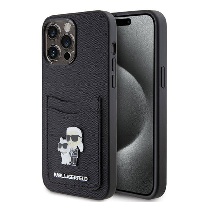 iPhone 15 Pro Max Kılıf Karl Lagerfeld Kartlıklı Metal Logo Orjinal Lisanslı Kapak