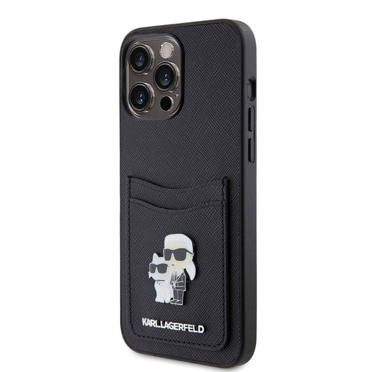 iPhone 15 Pro Max Kılıf Karl Lagerfeld Kartlıklı Metal Logo Orjinal Lisanslı Kapak