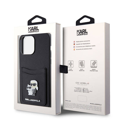 iPhone 15 Pro Max Kılıf Karl Lagerfeld Kartlıklı Metal Logo Orjinal Lisanslı Kapak