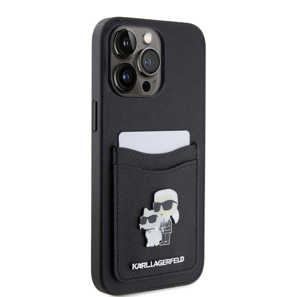 iPhone 15 Pro Max Kılıf Karl Lagerfeld Kartlıklı Metal Logo Orjinal Lisanslı Kapak