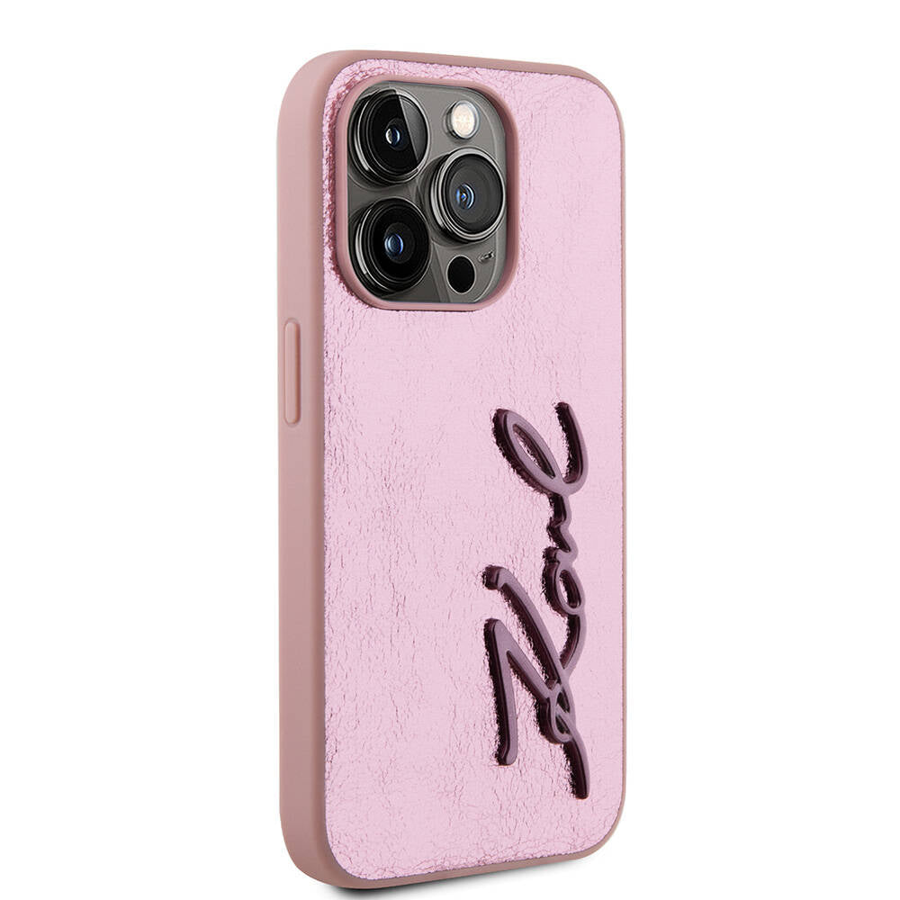 iPhone 15 Pro Max Kılıf Karl Lagerfeld Orjinal Lisanslı 3D KL Yazılı Tüylü Arka Yüzey Saffiano Rhinestones Kapak