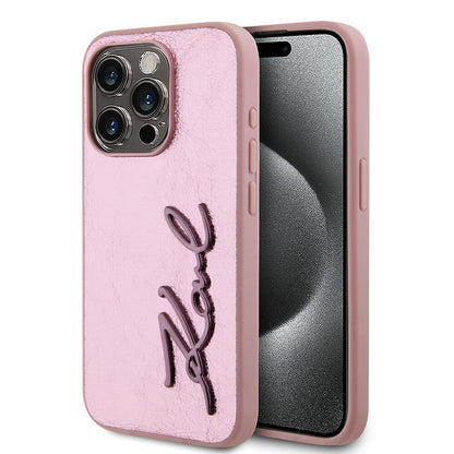 iPhone 15 Pro Max Kılıf Karl Lagerfeld Orjinal Lisanslı 3D KL Yazılı Tüylü Arka Yüzey Saffiano Rhinestones Kapak