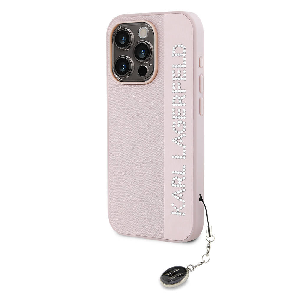 iPhone 15 Pro Max Kılıf Karl Lagerfeld Orjinal Lisanslı Anahtarlıklı Taşlı KL Yazılı Saffiano Rhinestones Kapak