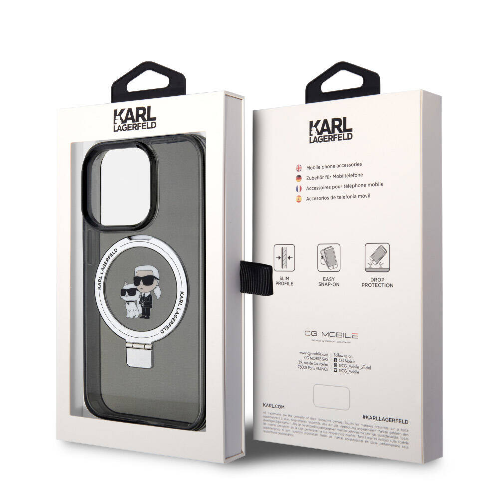 iPhone 15 Pro Max Kılıf Karl Lagerfeld Orjinal Lisanslı M-safe Şarj Özellikli K&C İkonik Baskılı Ring Standlı Kapak
