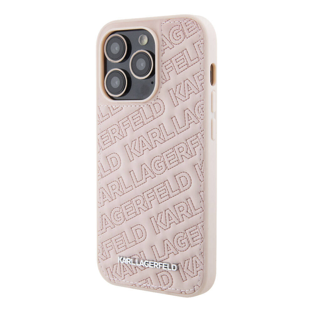iPhone 15 Pro Max Kılıf Karl Lagerfeld Orjinal Lisanslı Metal Yazı Logolu Dikişli Logo Arka Yüzey Kapitone Kapak