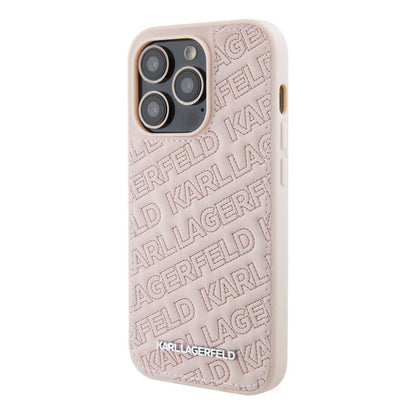 iPhone 15 Pro Max Kılıf Karl Lagerfeld Orjinal Lisanslı Metal Yazı Logolu Dikişli Logo Arka Yüzey Kapitone Kapak