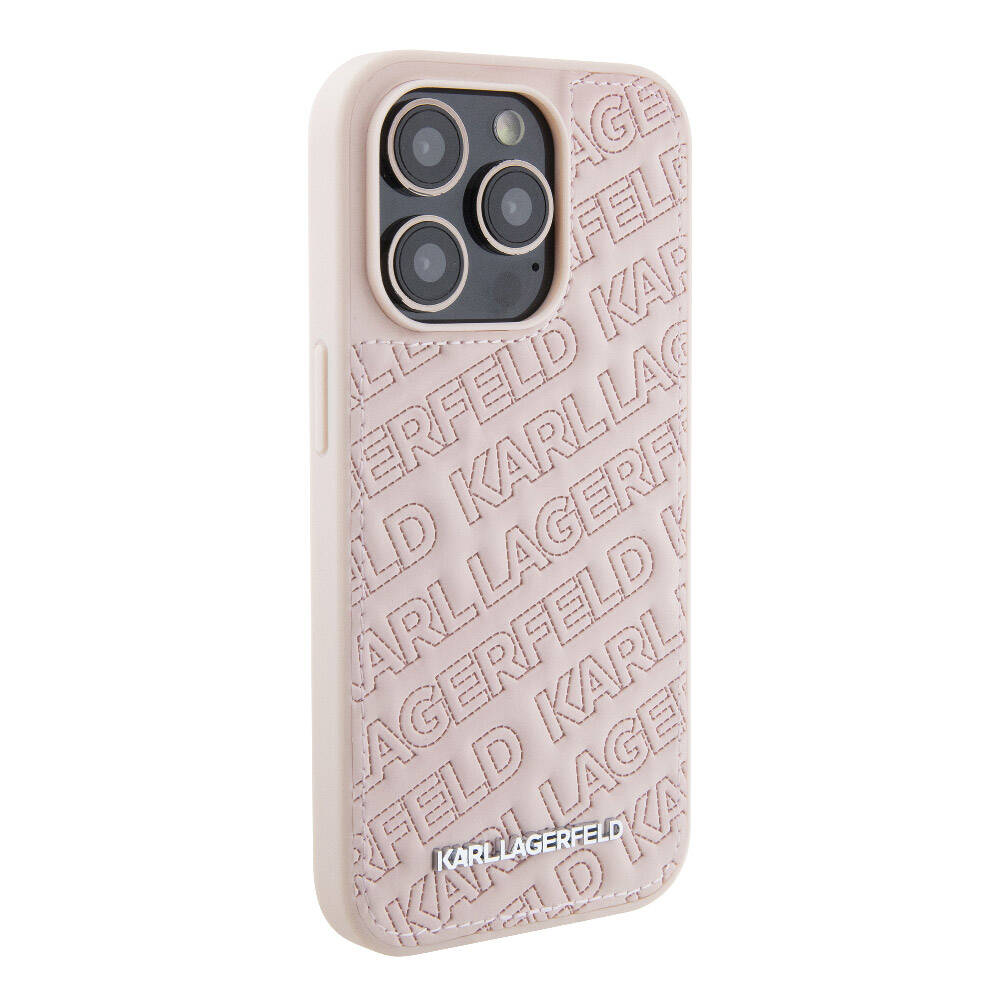 iPhone 15 Pro Max Kılıf Karl Lagerfeld Orjinal Lisanslı Metal Yazı Logolu Dikişli Logo Arka Yüzey Kapitone Kapak