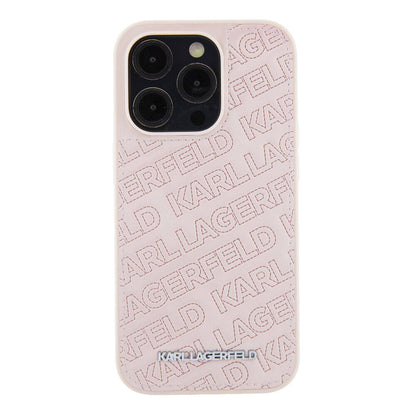 iPhone 15 Pro Max Kılıf Karl Lagerfeld Orjinal Lisanslı Metal Yazı Logolu Dikişli Logo Arka Yüzey Kapitone Kapak