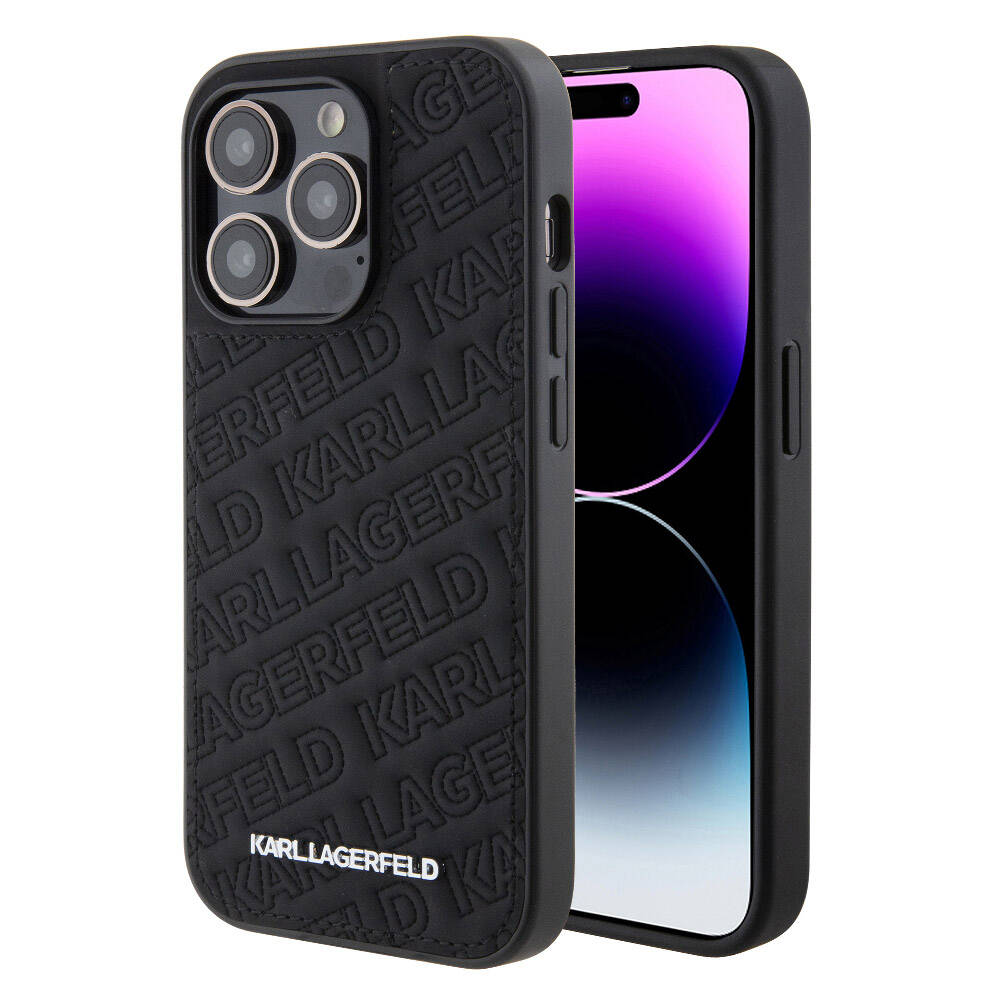 iPhone 15 Pro Max Kılıf Karl Lagerfeld Orjinal Lisanslı Metal Yazı Logolu Dikişli Logo Arka Yüzey Kapitone Kapak