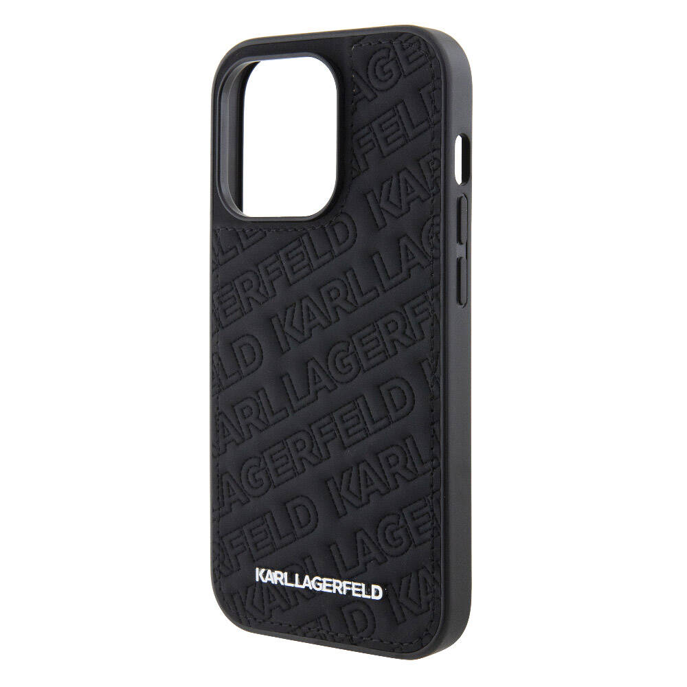 iPhone 15 Pro Max Kılıf Karl Lagerfeld Orjinal Lisanslı Metal Yazı Logolu Dikişli Logo Arka Yüzey Kapitone Kapak