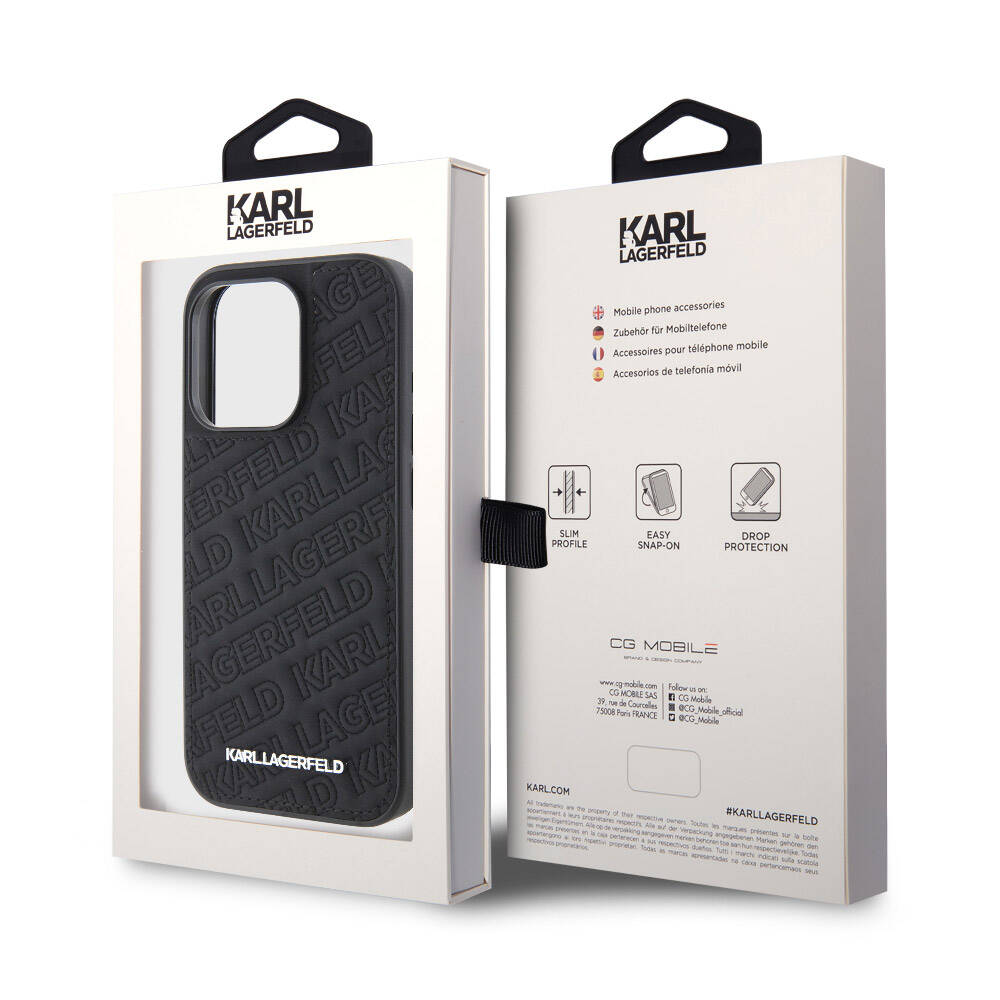 iPhone 15 Pro Max Kılıf Karl Lagerfeld Orjinal Lisanslı Metal Yazı Logolu Dikişli Logo Arka Yüzey Kapitone Kapak