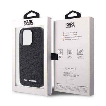 iPhone 15 Pro Max Kılıf Karl Lagerfeld Orjinal Lisanslı Metal Yazı Logolu Dikişli Logo Arka Yüzey Kapitone Kapak