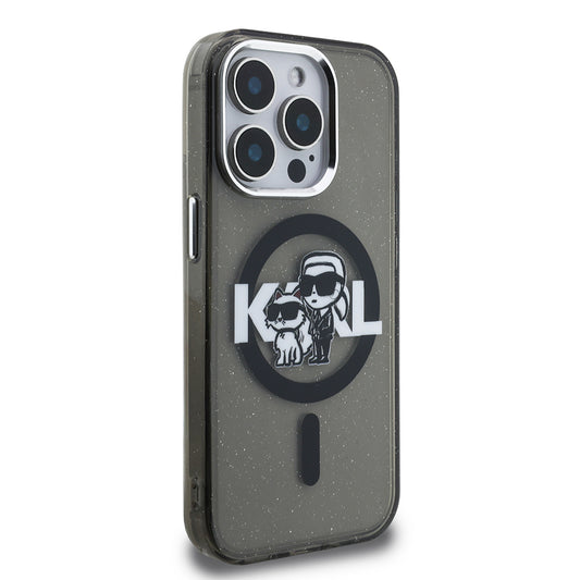 iPhone 15 Pro Max Kılıf Karl Lagerfeld Orjinal Lisanslı Parlayan Simli Karl & Choupette Sketch Logo Kapak