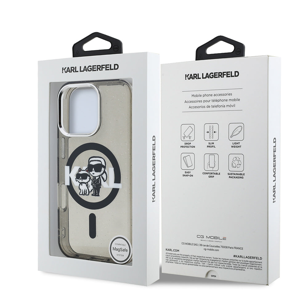 iPhone 15 Pro Max Kılıf Karl Lagerfeld Orjinal Lisanslı Parlayan Simli Karl & Choupette Sketch Logo Kapak