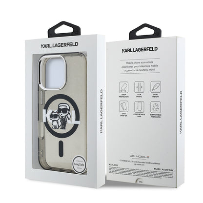 iPhone 15 Pro Max Kılıf Karl Lagerfeld Orjinal Lisanslı Parlayan Simli Karl & Choupette Sketch Logo Kapak