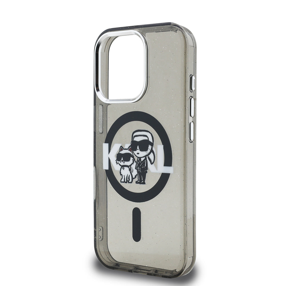 iPhone 15 Pro Max Kılıf Karl Lagerfeld Orjinal Lisanslı Parlayan Simli Karl & Choupette Sketch Logo Kapak