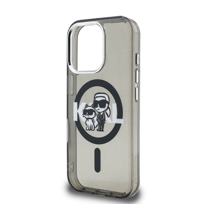iPhone 15 Pro Max Kılıf Karl Lagerfeld Orjinal Lisanslı Parlayan Simli Karl & Choupette Sketch Logo Kapak