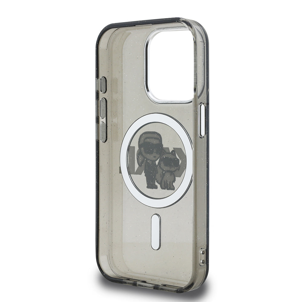 iPhone 15 Pro Max Kılıf Karl Lagerfeld Orjinal Lisanslı Parlayan Simli Karl & Choupette Sketch Logo Kapak
