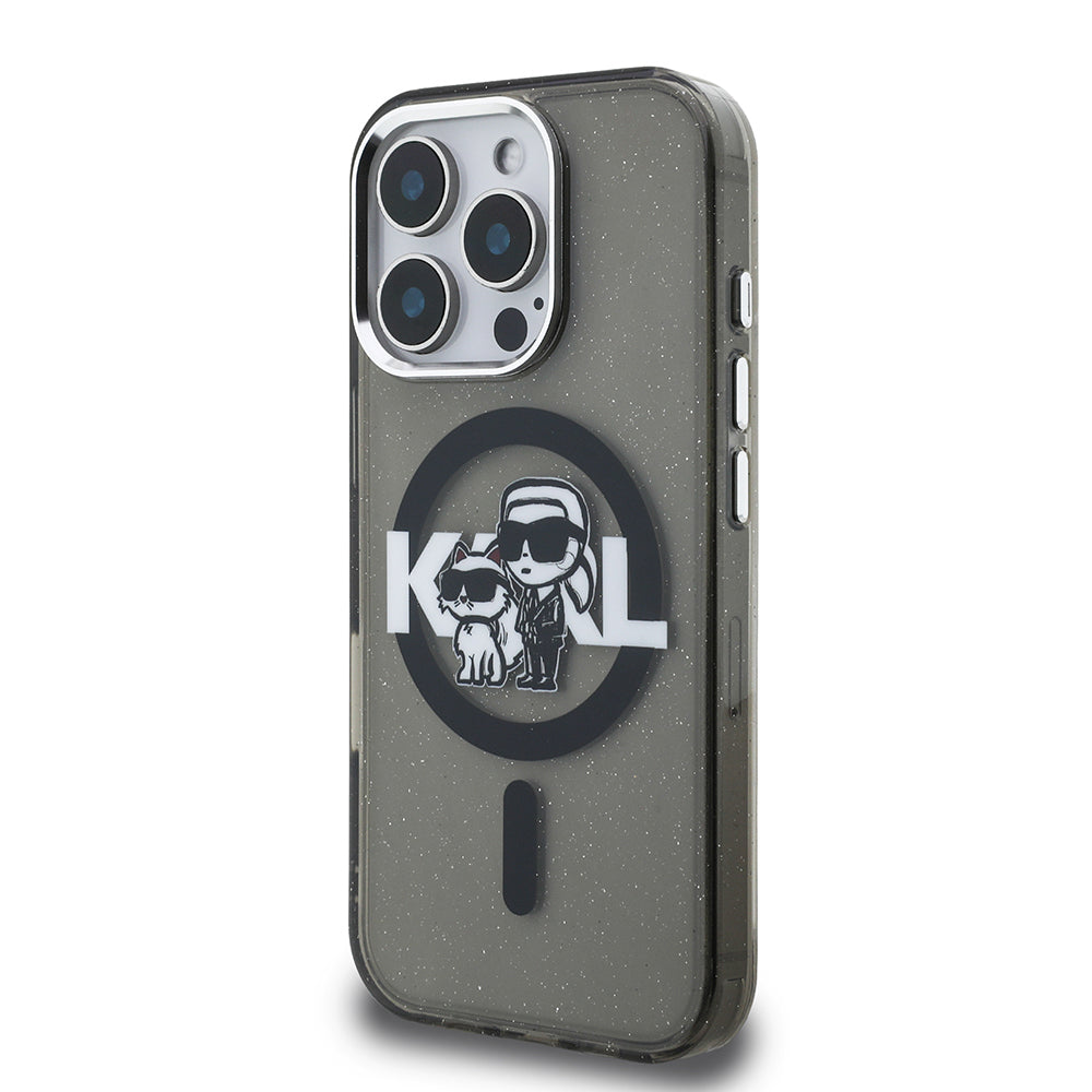 iPhone 15 Pro Max Kılıf Karl Lagerfeld Orjinal Lisanslı Parlayan Simli Karl & Choupette Sketch Logo Kapak