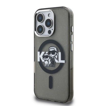 iPhone 15 Pro Max Kılıf Karl Lagerfeld Orjinal Lisanslı Parlayan Simli Karl & Choupette Sketch Logo Kapak