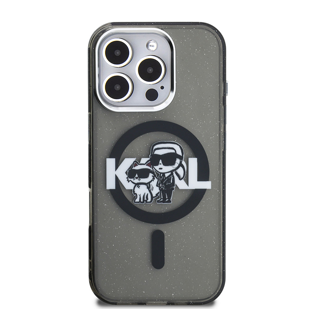 iPhone 15 Pro Max Kılıf Karl Lagerfeld Orjinal Lisanslı Parlayan Simli Karl & Choupette Sketch Logo Kapak