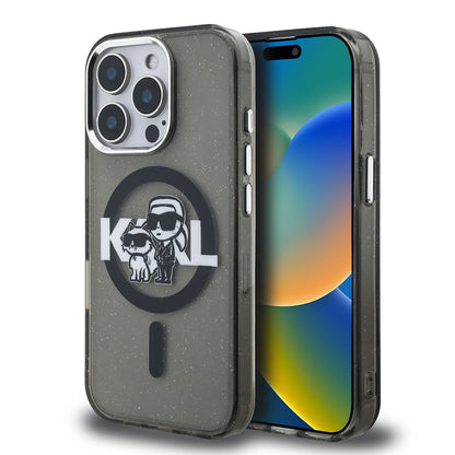 iPhone 15 Pro Max Kılıf Karl Lagerfeld Orjinal Lisanslı Parlayan Simli Karl & Choupette Sketch Logo Kapak