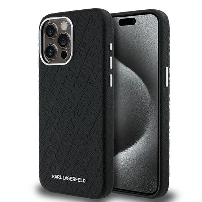 iPhone 15 Pro Max Kılıf Karl Lagerfeld Orjinal Lisanslı PU Deri Damgalı Metal Yazı Logolu Kapak