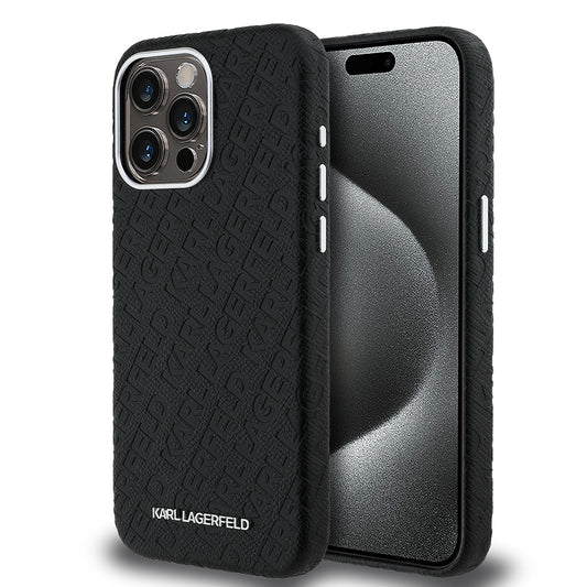 iPhone 15 Pro Max Kılıf Karl Lagerfeld Orjinal Lisanslı PU Deri Damgalı Metal Yazı Logolu Kapak