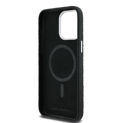 iPhone 15 Pro Max Kılıf Karl Lagerfeld Orjinal Lisanslı PU Deri Damgalı Metal Yazı Logolu Kapak