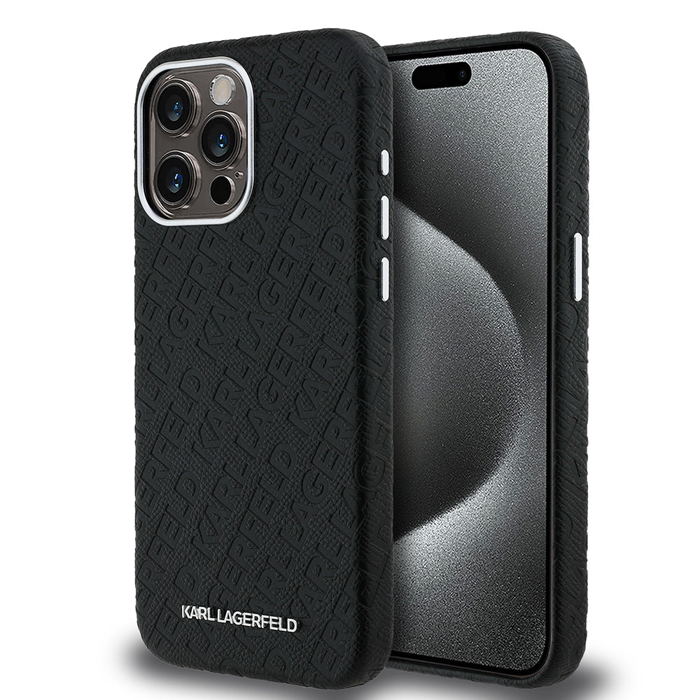 iPhone 15 Pro Max Kılıf Karl Lagerfeld Orjinal Lisanslı PU Deri Damgalı Metal Yazı Logolu Kapak