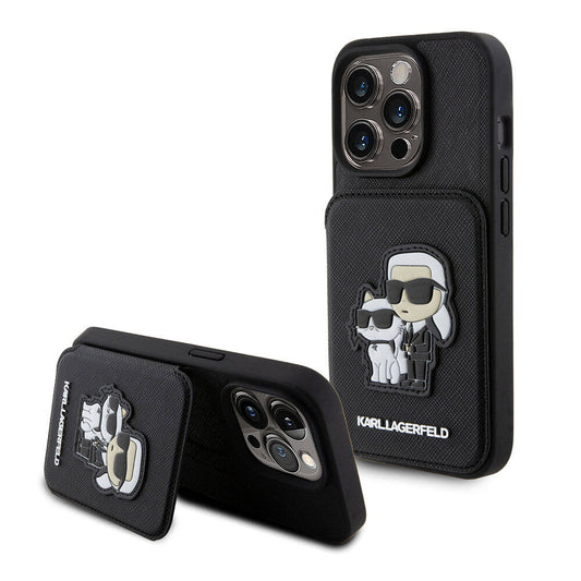 iPhone 15 Pro Max Kılıf Karl Lagerfeld Standlı Kartlıklı Saffiano K&C Metal Logo Orjinal Lisanslı Kapak