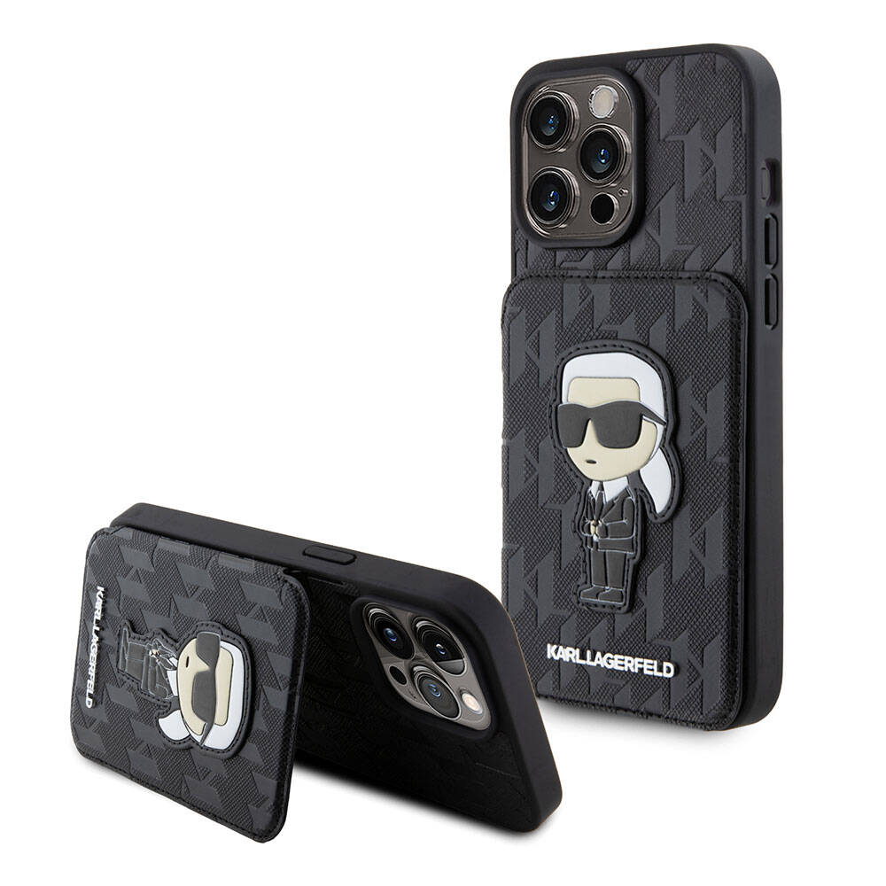 iPhone 15 Pro Max Kılıf Karl Lagerfeld Standlı Kartlıklı Saffiano Monogram İkonik Metal Logo Orjinal Lisanslı Kapak