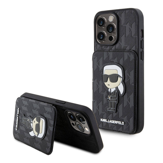iPhone 15 Pro Max Kılıf Karl Lagerfeld Standlı Kartlıklı Saffiano Monogram İkonik Metal Logo Orjinal Lisanslı Kapak
