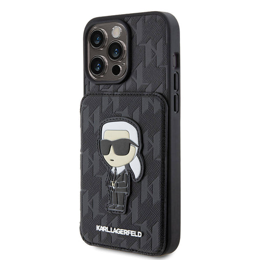 iPhone 15 Pro Max Kılıf Karl Lagerfeld Standlı Kartlıklı Saffiano Monogram İkonik Metal Logo Orjinal Lisanslı Kapak