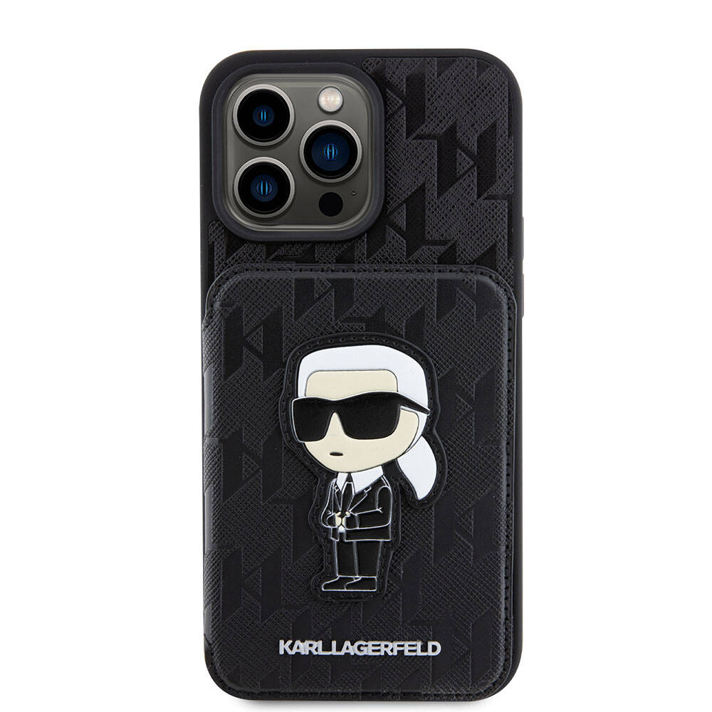 iPhone 15 Pro Max Kılıf Karl Lagerfeld Standlı Kartlıklı Saffiano Monogram İkonik Metal Logo Orjinal Lisanslı Kapak