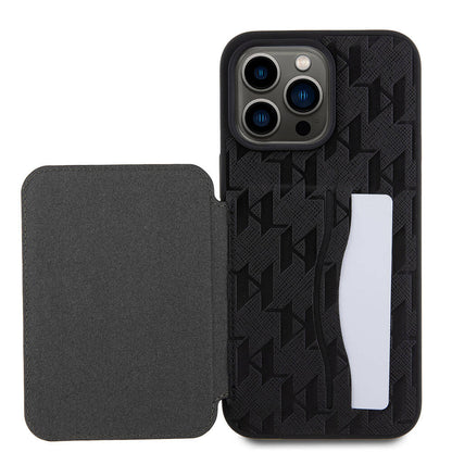 iPhone 15 Pro Max Kılıf Karl Lagerfeld Standlı Kartlıklı Saffiano Monogram İkonik Metal Logo Orjinal Lisanslı Kapak