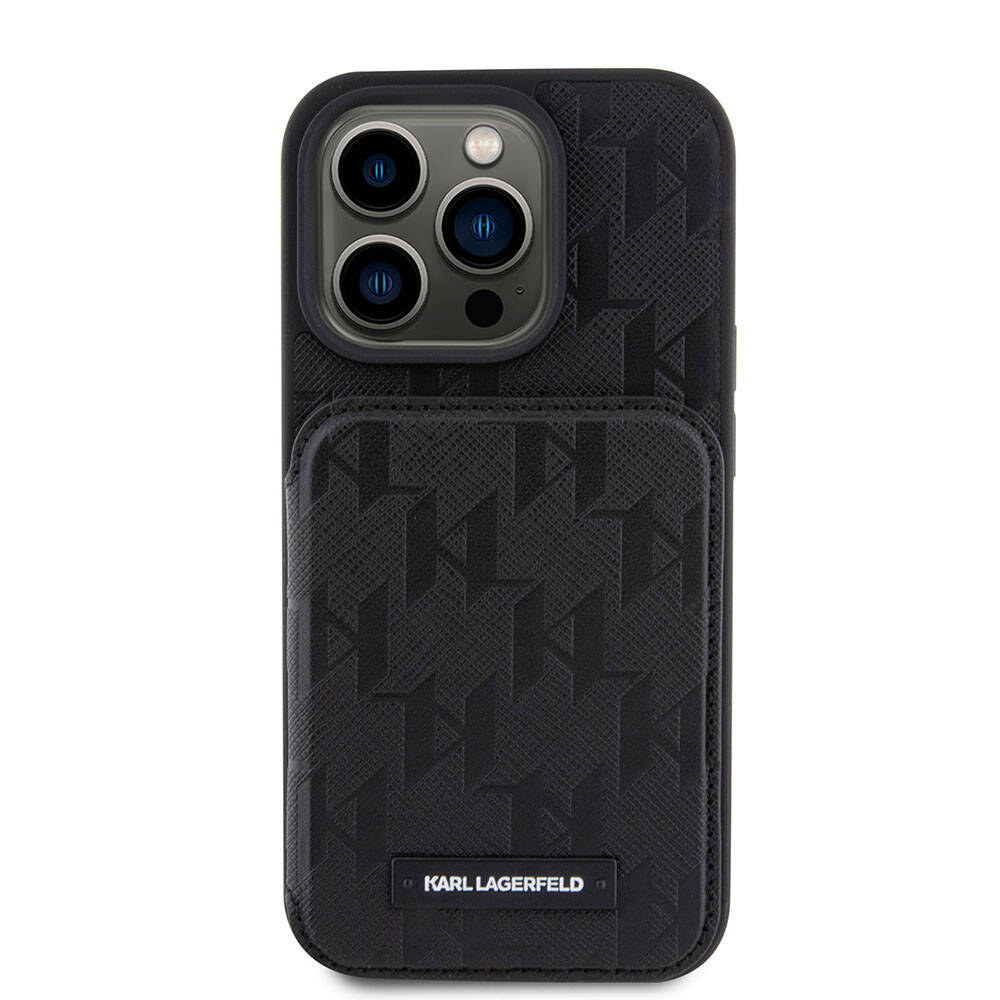 iPhone 15 Pro Max Kılıf Karl Lagerfeld Standlı Kartlıklı Saffiano Monogram Metal Logo Orjinal Lisanslı Kapak